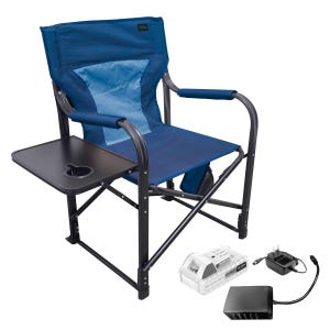 Blue folding chair with a side table featuring a cup holder, accompanied by a battery, charger, and adapter.