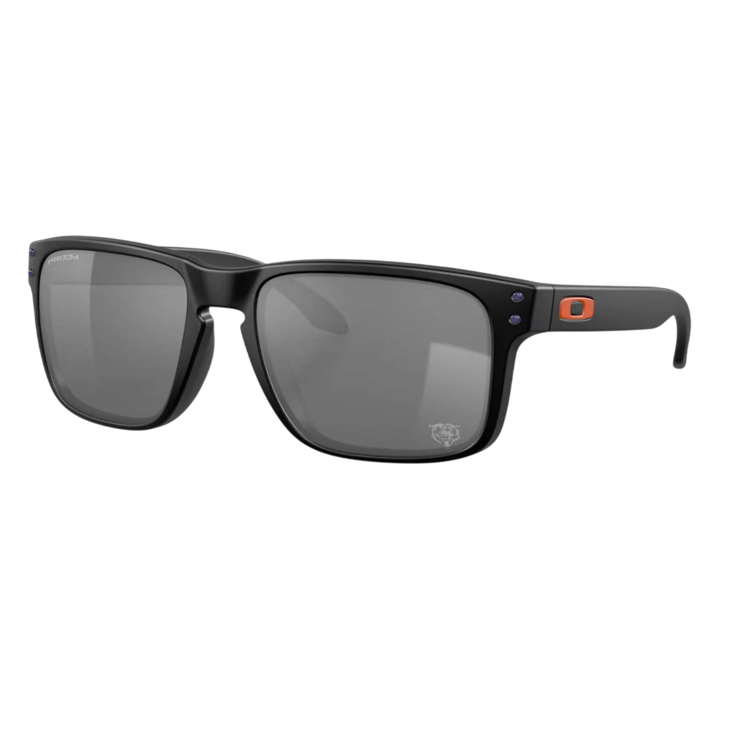 Black rectangular sunglasses with dark lenses featuring an orange logo on the temple and clear logo on the lens corner.