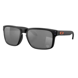 Black rectangular sunglasses with dark lenses featuring an orange logo on the temple and clear logo on the lens corner.
