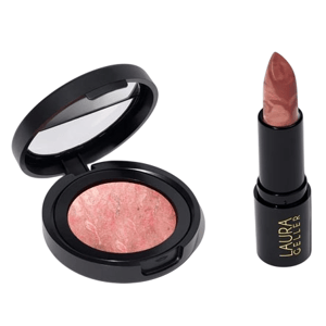 Laura Geller makeup set with a pink marbled baked blush in a black compact case and a pinkish-nude lipstick in a black tube with branding.