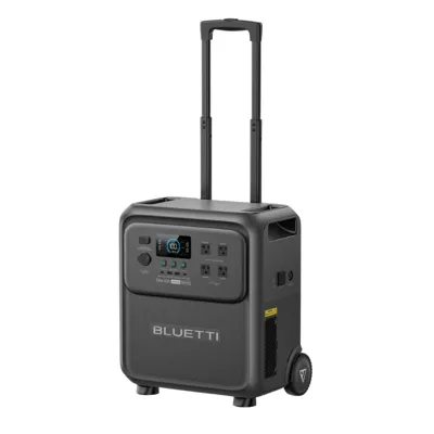 A BLUETTI portable power station with a digital display, multiple outlets, and a retractable handle for easy transportation.
