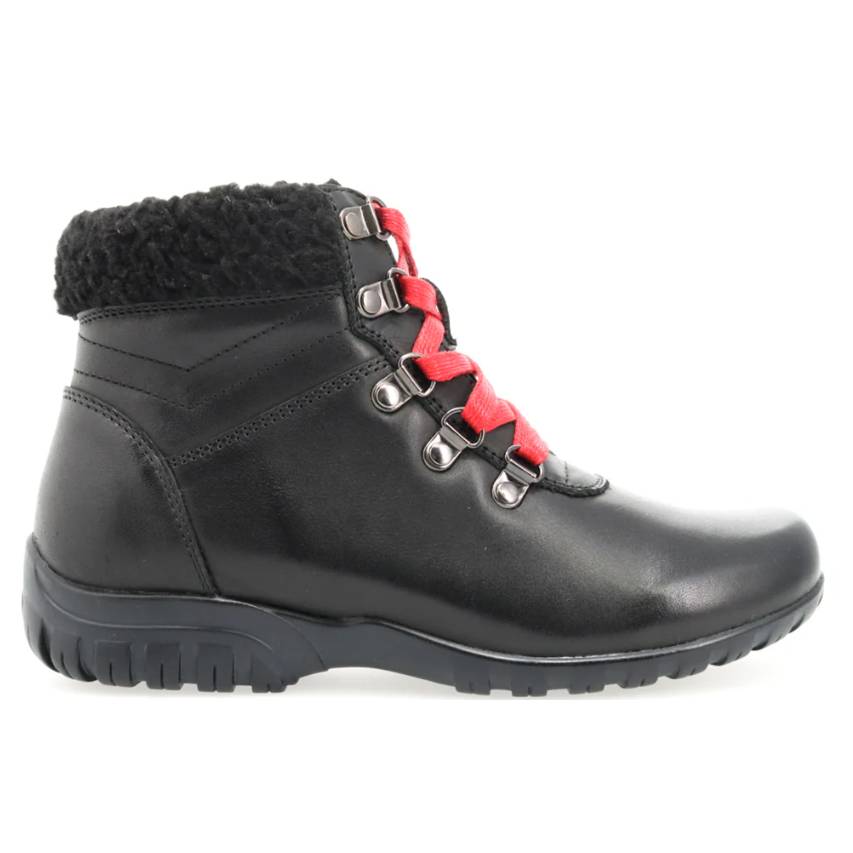 Black Propet snow boots with a fur-lined ankle and red laces, featuring metal lace hooks and a rugged sole for traction.