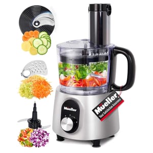 Mueller 8-Cup Food Processor with adjustable control knob, grating disc, and slicing blade, suitable for chopping and shredding vegetables. Comes with a warranty tag. Ideal for salad preparation and kitchen use.