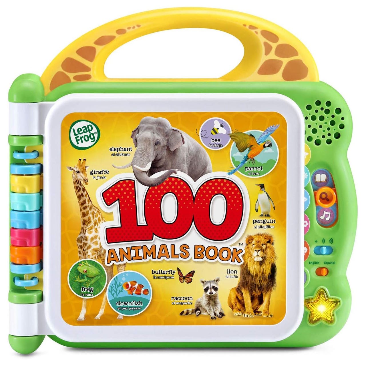 LeapFrog 100 Animals Book features interactive animal illustrations with sound buttons that play animal names in English and Spanish. Designed for educational play, it includes a green handle for easy carrying.