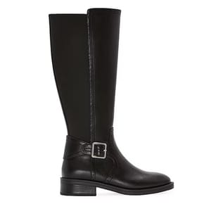 Black knee-high leather boot with a low block heel and side buckle accent.