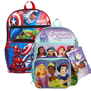Two backpacks featuring Marvel superheroes and Disney princesses with an accompanying pencil case.