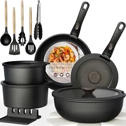 A cookware set including skillets, stackable pots, a lidded pot, cooking utensils, a spatula, and a tong. Comes with a trivet mat and utensil holder, featuring non-stick surfaces and ergonomic handles.