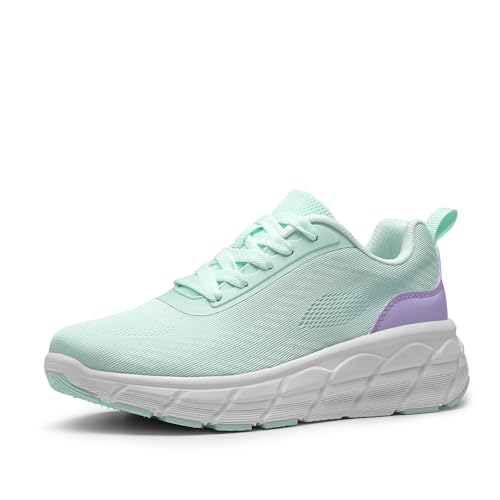 Light mint green women's running sneakers with white soles and a hint of purple on the heel.