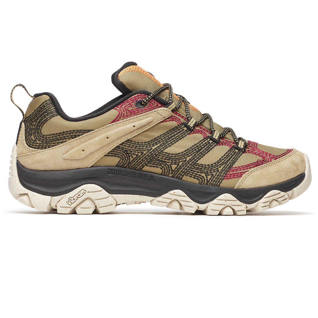 Merrell Moab 3 Stitch Shoes feature a rugged design with tan suede and mesh uppers, red and black accents, and a durable Vibram outsole, ideal for hiking and outdoor activities.