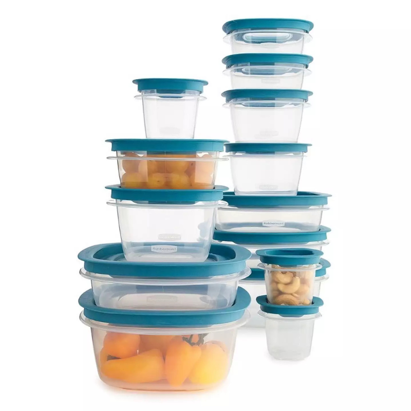 A collection of clear plastic food storage containers with teal lids, shown in various shapes and sizes, some containing cashews and yellow peppers.