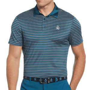 A man is wearing a teal and white striped polo shirt with a small embroidered logo on the chest and matching teal pants. The outfit includes a dark belt featuring a repeating pattern.