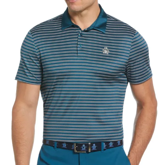 A man is wearing a teal and white striped polo shirt with a small embroidered logo on the chest and matching teal pants. The outfit includes a dark belt featuring a repeating pattern.