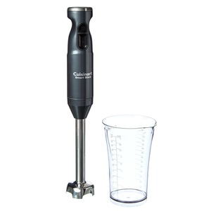 A Cuisinart Smart Stick immersion blender with a black handle and a stainless steel blending shaft, accompanied by a clear graduated plastic measuring cup.