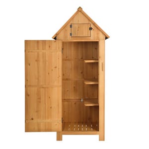 A wooden storage shed with a peaked roof, open double doors, and an upper compartment door. Inside, it features multiple shelves on the right side and a slatted floor base.