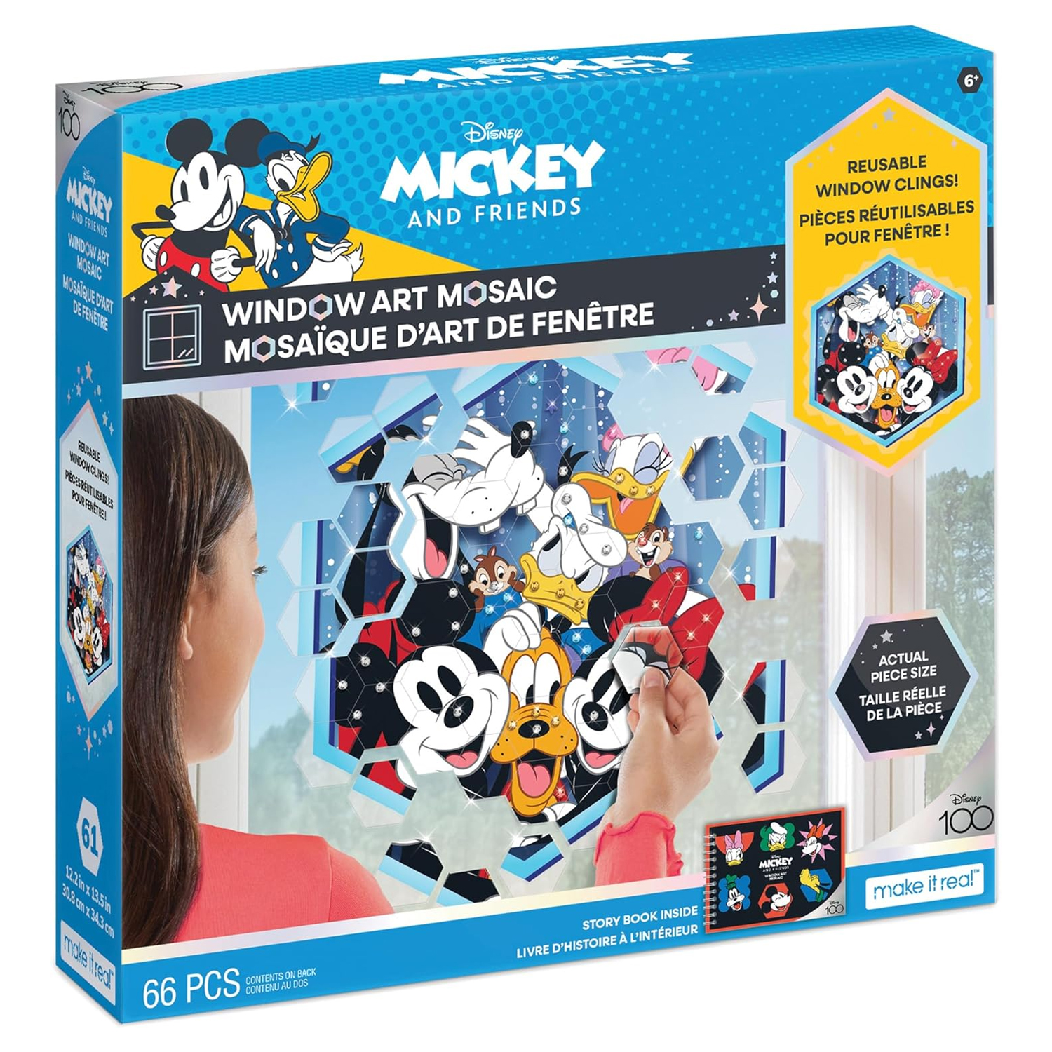Disney Mickey and Friends Window Art Mosaic includes 66 pieces of reusable window clings forming a colorful Mickey, Donald, Goofy, and Pluto design. Suitable for ages 6+, it features a storybook inside. Box dimensions: 12.2 x 12.13 x 2 inches.