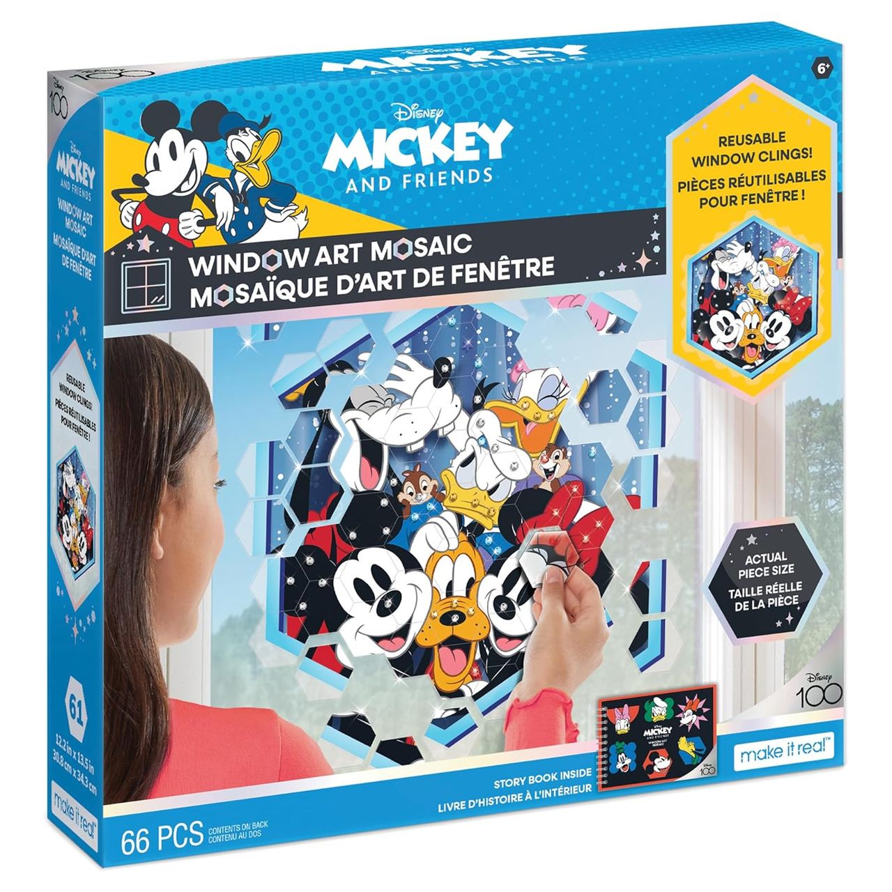 Disney Mickey and Friends Window Art Mosaic includes 66 pieces of reusable window clings forming a colorful Mickey, Donald, Goofy, and Pluto design. Suitable for ages 6+, it features a storybook inside. Box dimensions: 12.2 x 12.13 x 2 inches.