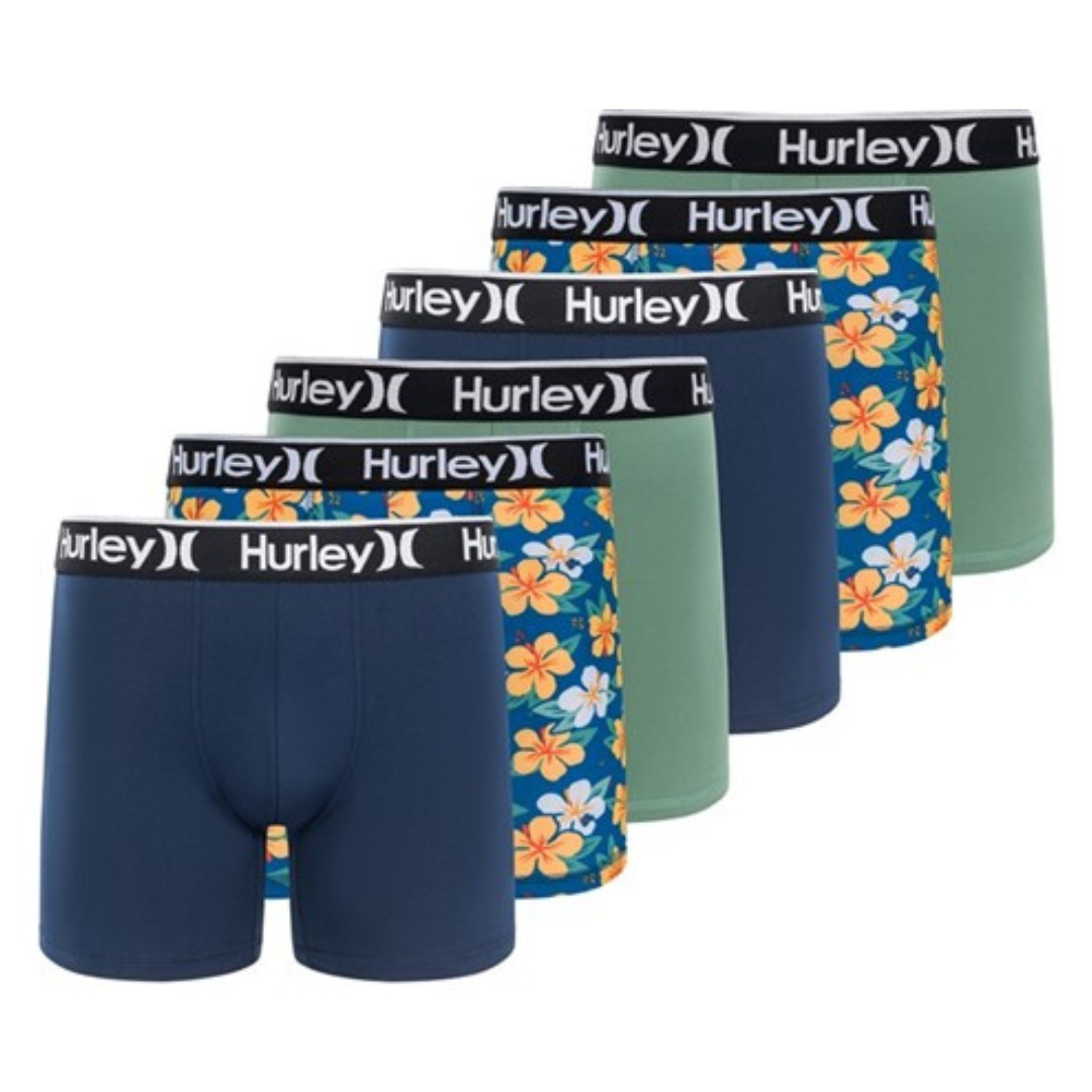 A set of four men's boxer briefs in navy, green, and blue with one pair featuring a floral pattern.