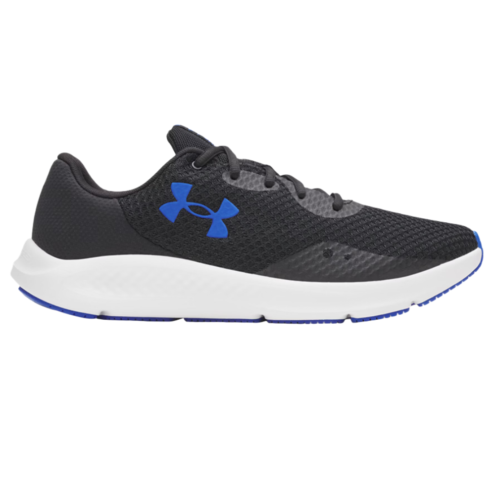A black running shoe with blue accents and a white sole featuring a mesh upper and lace closure.
