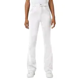 White high-waisted, flare-leg pants paired with white sneakers, worn by a standing person.