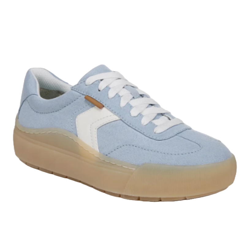 Light blue suede sneakers with white laces and detailing, featuring a thick beige sole.