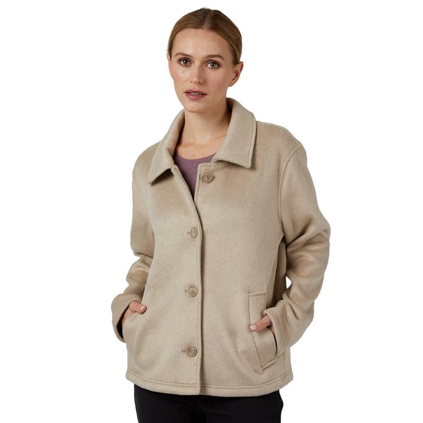 A woman is wearing a 32 Degrees Faux Wool Jacket, featuring a beige color, button closure, wide collar, and pockets.