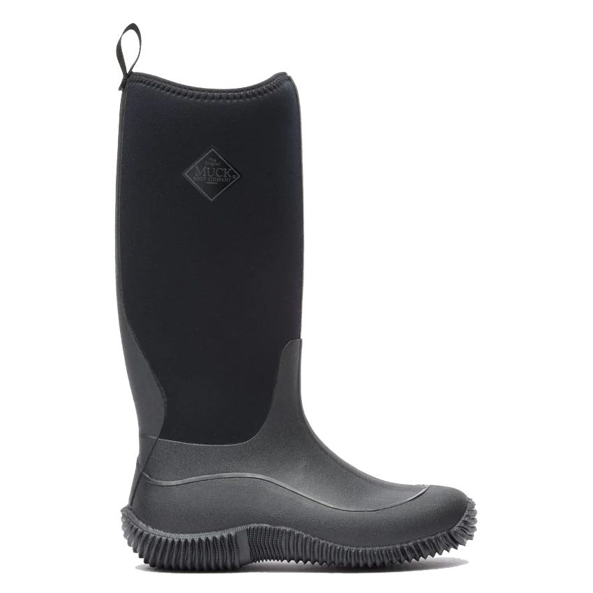 A tall, black Muck Boot with a textured sole, designed for outdoor use, featuring a logo on the side and a pull tab at the top.