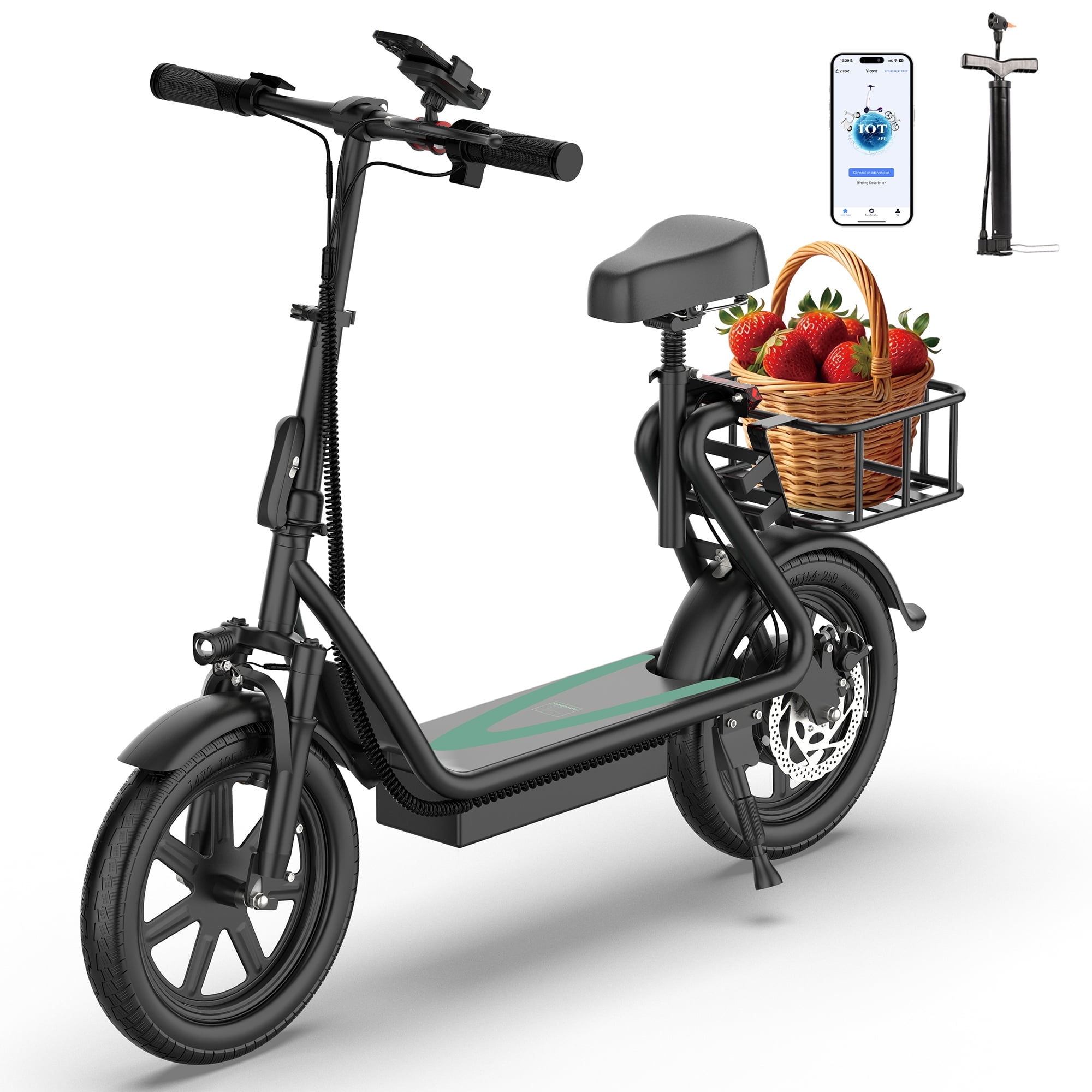 Electric scooter with a basket of strawberries, featuring a seat, phone mount, and a mobile app interface. Includes a compact pump attachment.