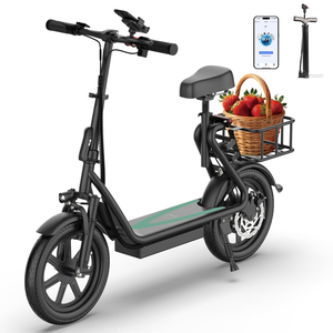 Electric scooter with a basket of strawberries, featuring a seat, phone mount, and a mobile app interface. Includes a compact pump attachment.