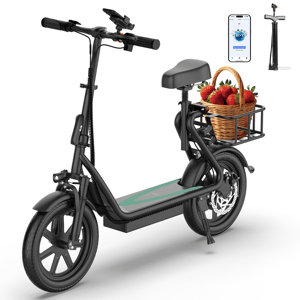 Electric scooter with a basket of strawberries, featuring a seat, phone mount, and a mobile app interface. Includes a compact pump attachment.