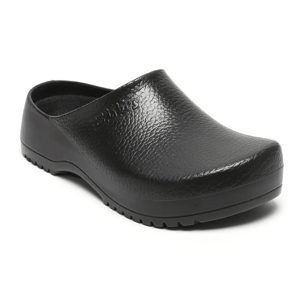 A black, slip-on clog with a textured surface and a thick sole, suitable for casual or professional wear.