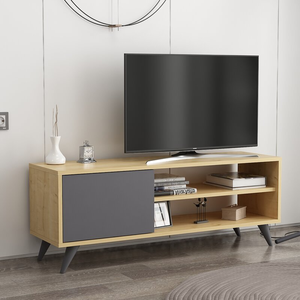 A modern TV stand with a mix of open shelves and a closed gray cabinet, accompanied by a flat-screen TV on top and various decorative items.