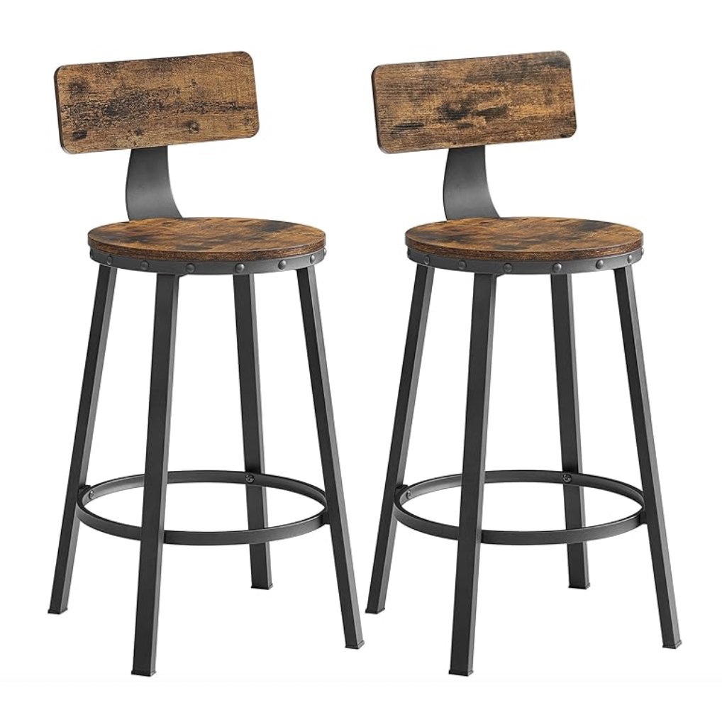 Two industrial-style bar stools with black metal frames and round wooden seats with matching backrests.