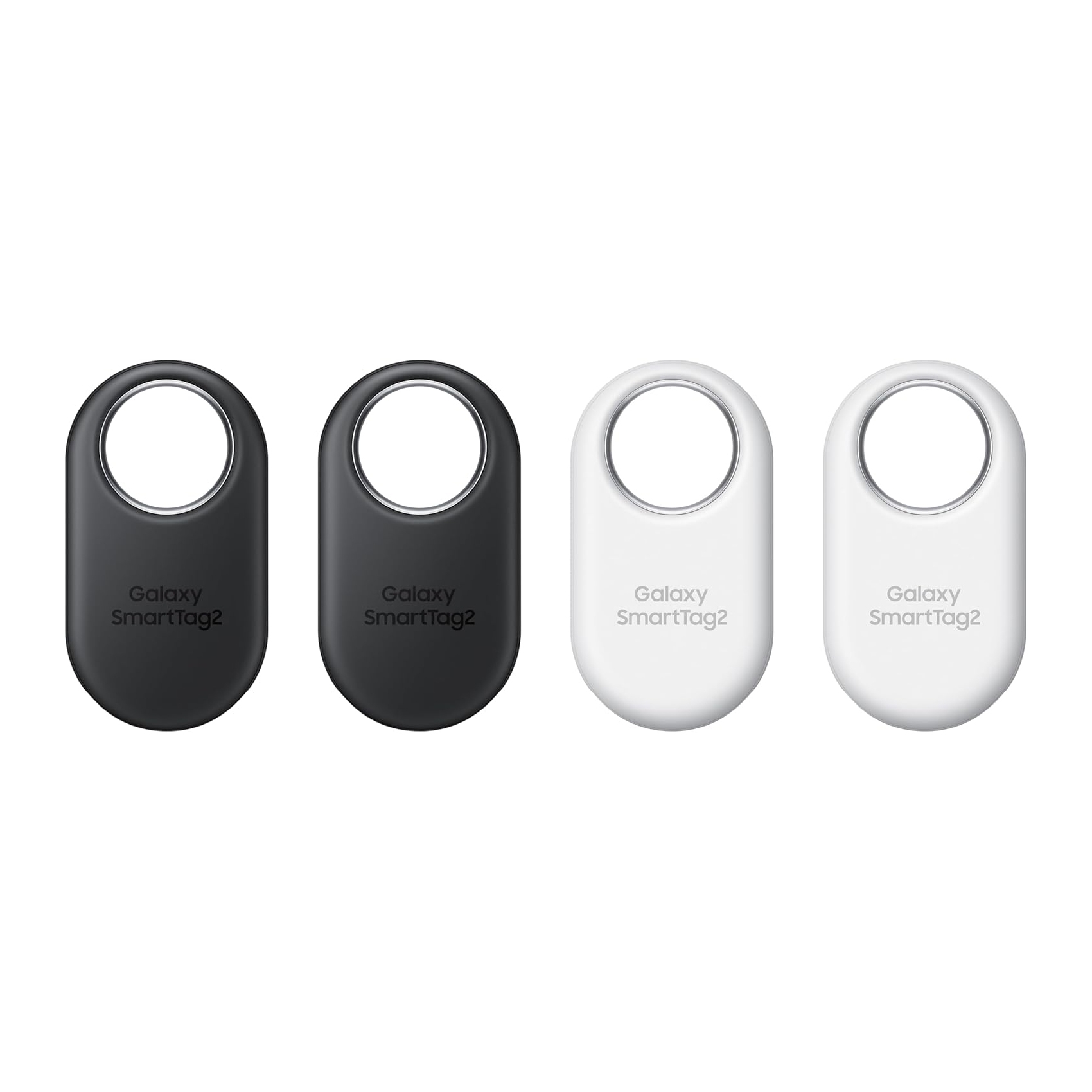Four Samsung SmartTag2 trackers are shown, two in black and two in white, each with a hole at the top for attachment to objects.