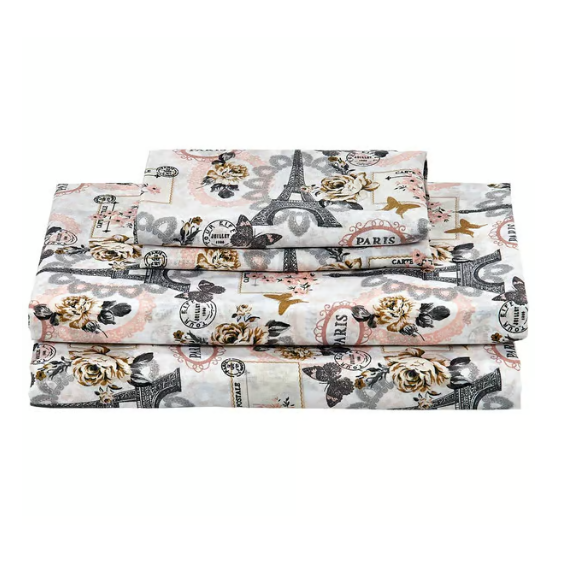 A set of bed sheets featuring a Paris-themed design, including the Eiffel Tower, roses, and Parisian motifs, in a mix of pink, beige, and black colors.