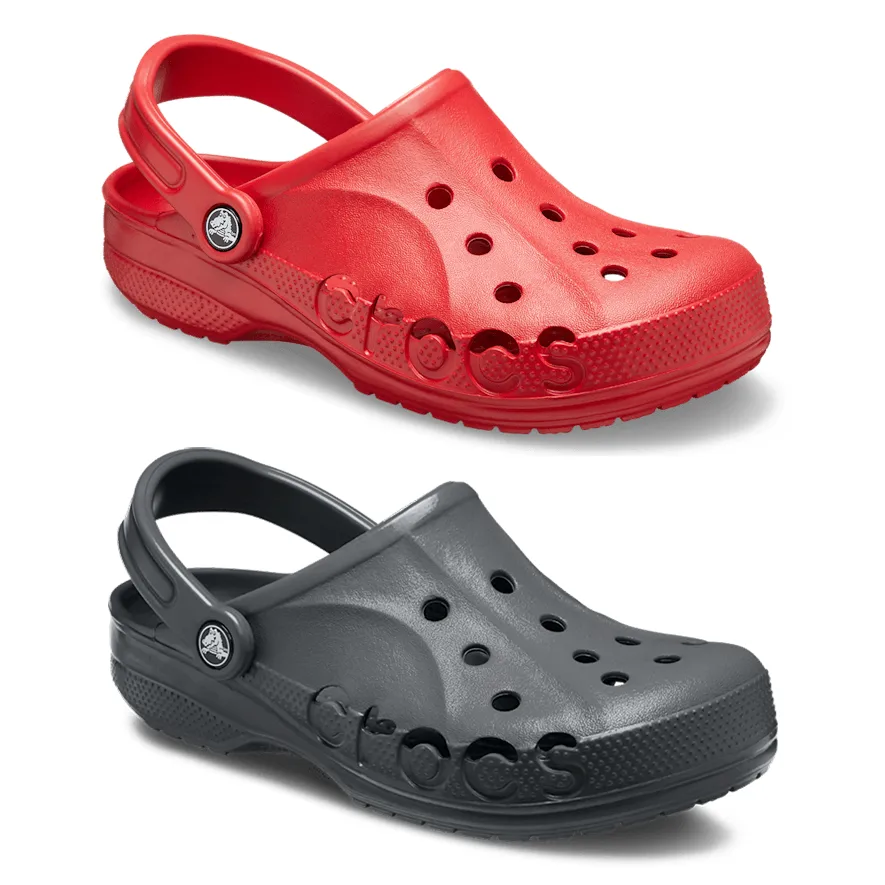 A pair of red and black rubber clogs with holes on the top part.