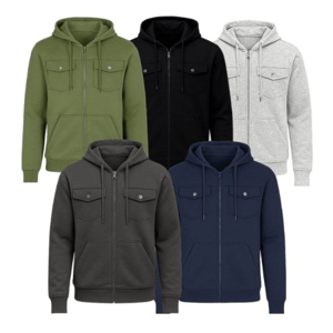 A selection of five hooded zip-up jackets in green, black, gray, charcoal, and navy, each featuring front pockets with snap button flaps and drawstring hoods.