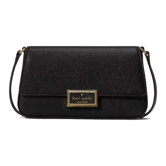 Black Kate Spade New York crossbody bag with textured leather finish and a gold logo plaque on the front flap.