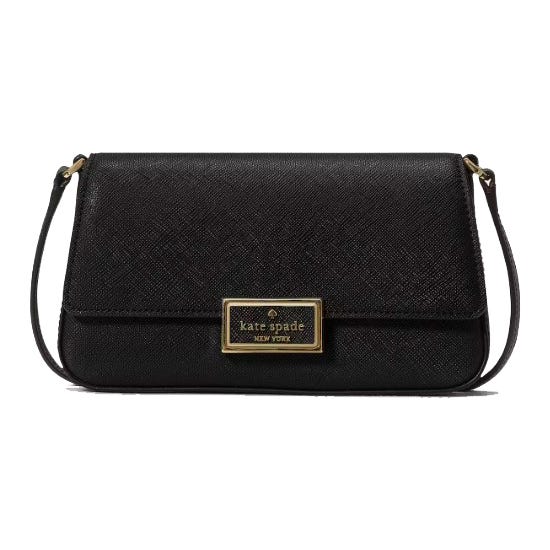 Black Kate Spade New York crossbody bag with textured leather finish and a gold logo plaque on the front flap.
