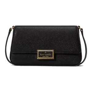 Black Kate Spade New York crossbody bag with textured leather finish and a gold logo plaque on the front flap.