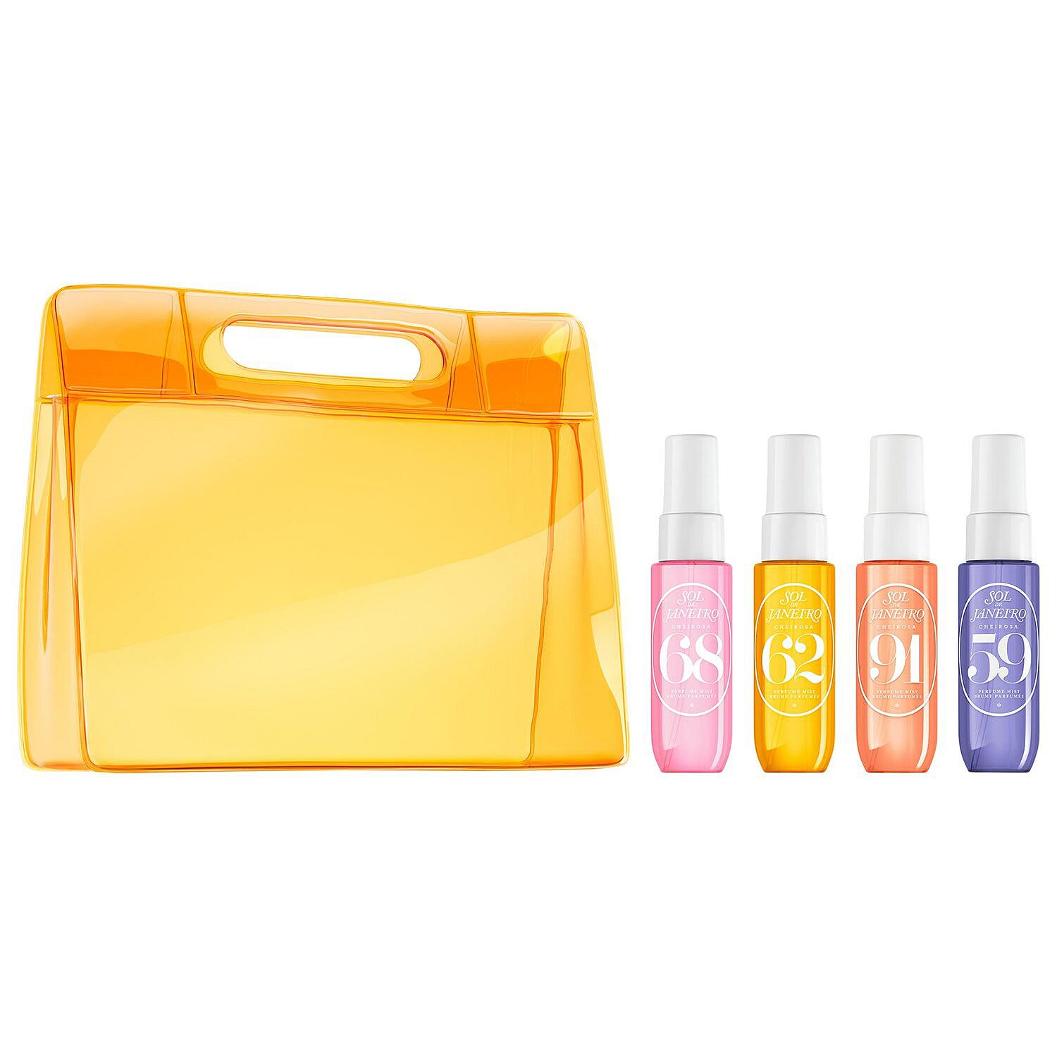 Set of four fragrance mists by Sol de Janeiro in pink, yellow, orange, and purple bottles, displayed with an orange translucent handbag.