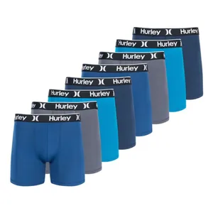 A set of men's boxer briefs in various shades of blue and gray, featuring black bands with the Hurley logo.