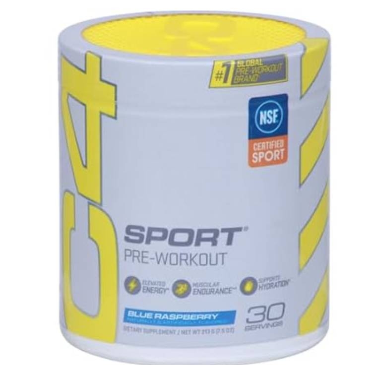 C4 Sport Pre-Workout Powder in Blue Raspberry flavor, featuring 30 servings per container, claims to elevate energy, enhance muscular endurance, and support hydration, and is NSF Certified for Sport.