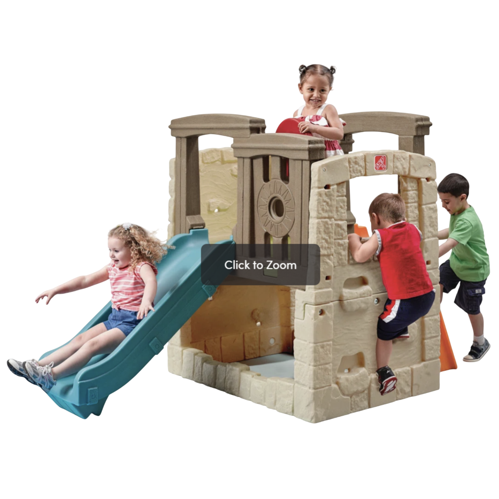 A children's playset featuring multiple activities: a slide, a climbing wall, and a lookout area, designed for outdoor fun and active play.