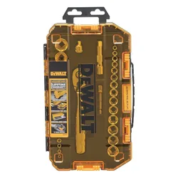 DEWALT socket set with a durable, shatter-resistant case, featuring a 72-tooth ratchet and various sockets. Includes lifetime warranty information.