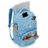 A light blue floral backpack featuring a padded compartment for a laptop, front pocket for a smartphone, snack pocket, organizer pocket with pens, and mesh side pocket with a water bottle.