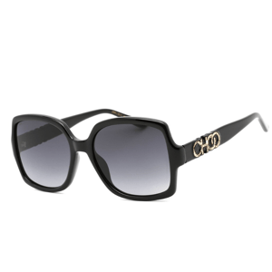 Black oversized sunglasses with square frames and gradient lenses, featuring a gold logo detail on the temples.