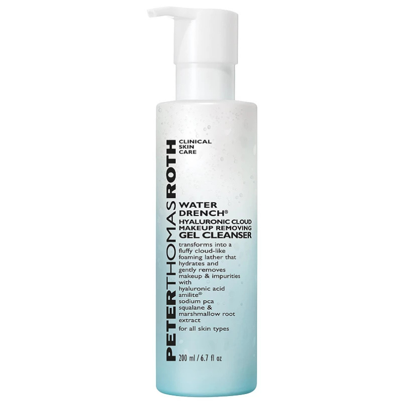 Peter Thomas Roth Water Drench Hyaluronic Cloud Makeup Removing Gel Cleanser, 200 ml (6.7 fl oz), designed to remove makeup and impurities while hydrating with hyaluronic acid, sodium PCA, squalane, and marshmallow root extract. Suitable for all skin types.
