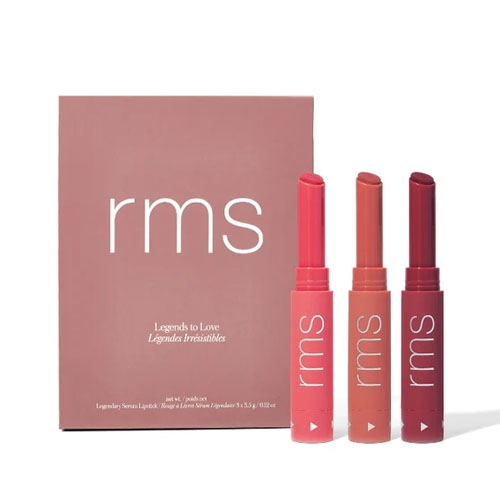 RMS Legends to Love Kit includes three lipsticks in different shades of pink and red, housed in a pink box displaying the \“rms\“ logo.