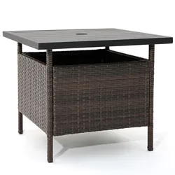 Square outdoor wicker patio table with a slatted tabletop and a central umbrella hole. Sturdy construction with a woven wicker design on the sides.