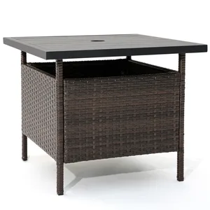 Square outdoor wicker patio table with a slatted tabletop and a central umbrella hole. Sturdy construction with a woven wicker design on the sides.
